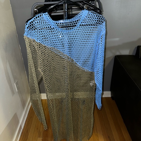 ZARA blue beige fishnet sheer long sleeve beach cover up dress - Picture 2 of 5